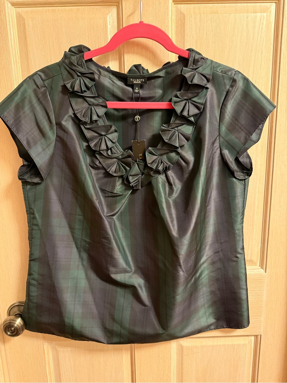Talbots Black and Green Plaid Ruffle V-Neck Cap Sleeve Blouse - Size 12. NWT